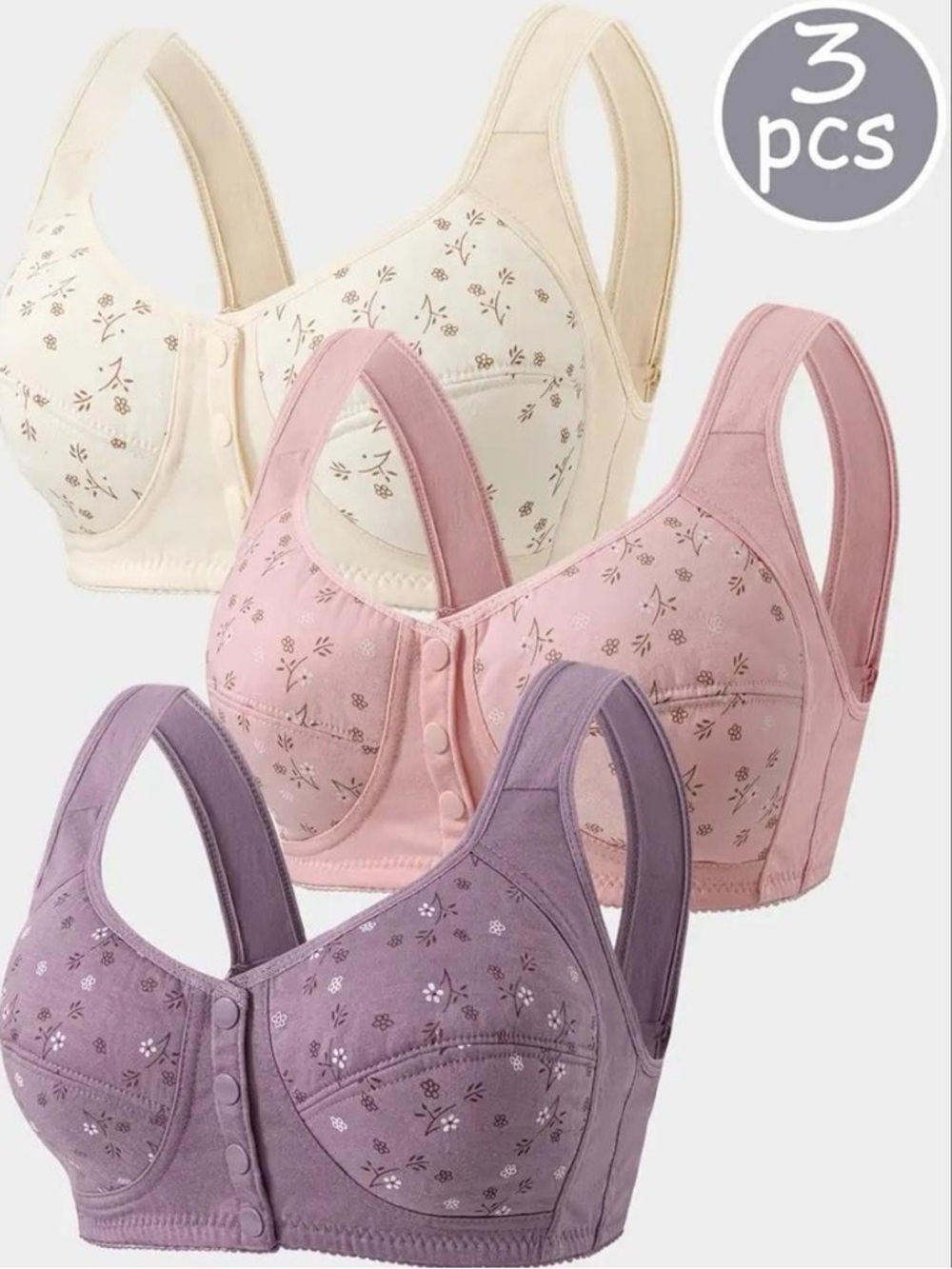 3Pcs Everyday Floral Front-Closure Comfort Bra - Pink, Cream, Purple